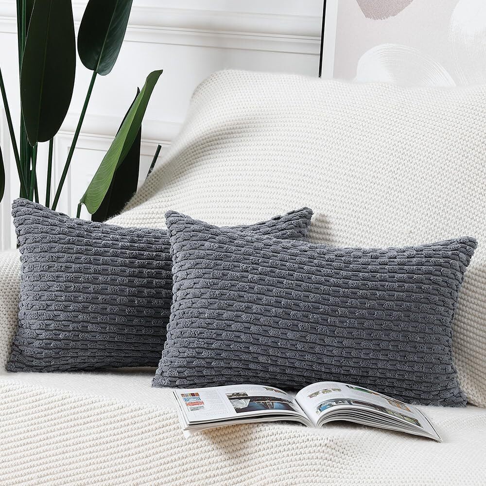 9796 Pack of 2 Boho Corduroy Striped Throw Pillow Covers 12x20 Inch Grey